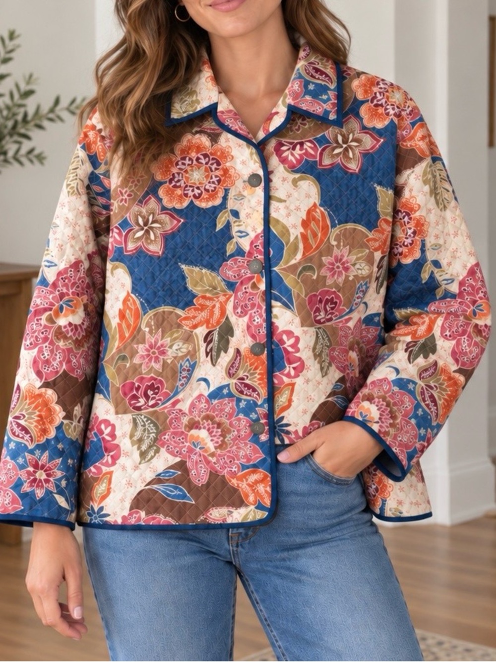 Alfred Dunner Floral Quilted Button-Front Jacket - Blue Multi